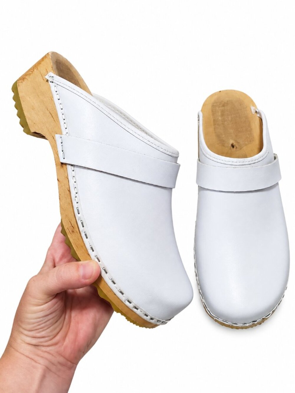 SWEDISH Leather & Wood Clogs White 41 EU 9.5 US Ergonomic Platform Neutral